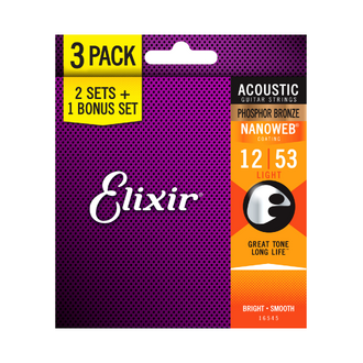 Elixir 16545 Nanoweb Phosphor Bronze Acoustic Guitar 6-String Set 12-53 3 Pack Light