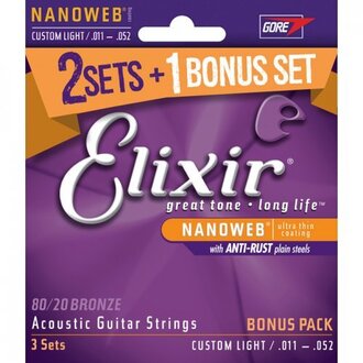 Elixir 16538 Nanoweb 80/20 Acoustic Guitar 6-String Set 11-52 3 Pack Custom Light